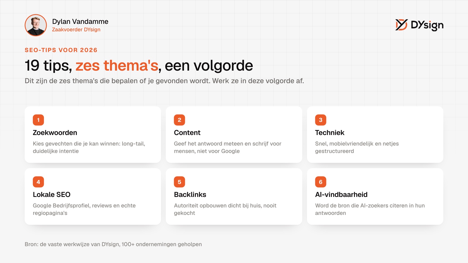 De beste SEO-tips voor 2026 in zes thema's Overzicht van de beste SEO-tips voor 2026 in zes thema's: zoekwoorden, content, techniek, lokale SEO, backlinks en AI-vindbaarheid
